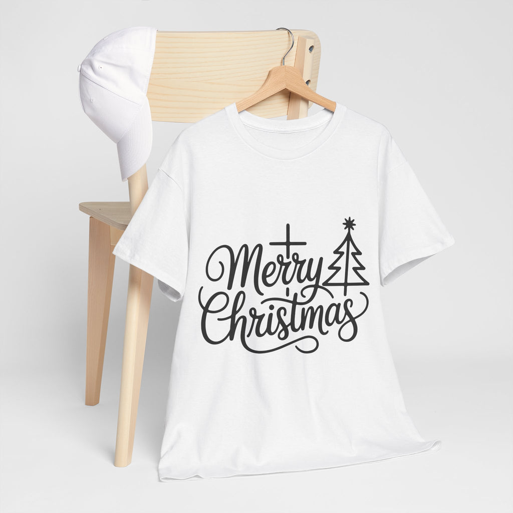 Merry Christmas Script T-Shirt with Cross & Tree(Unisex Cotton Tee)