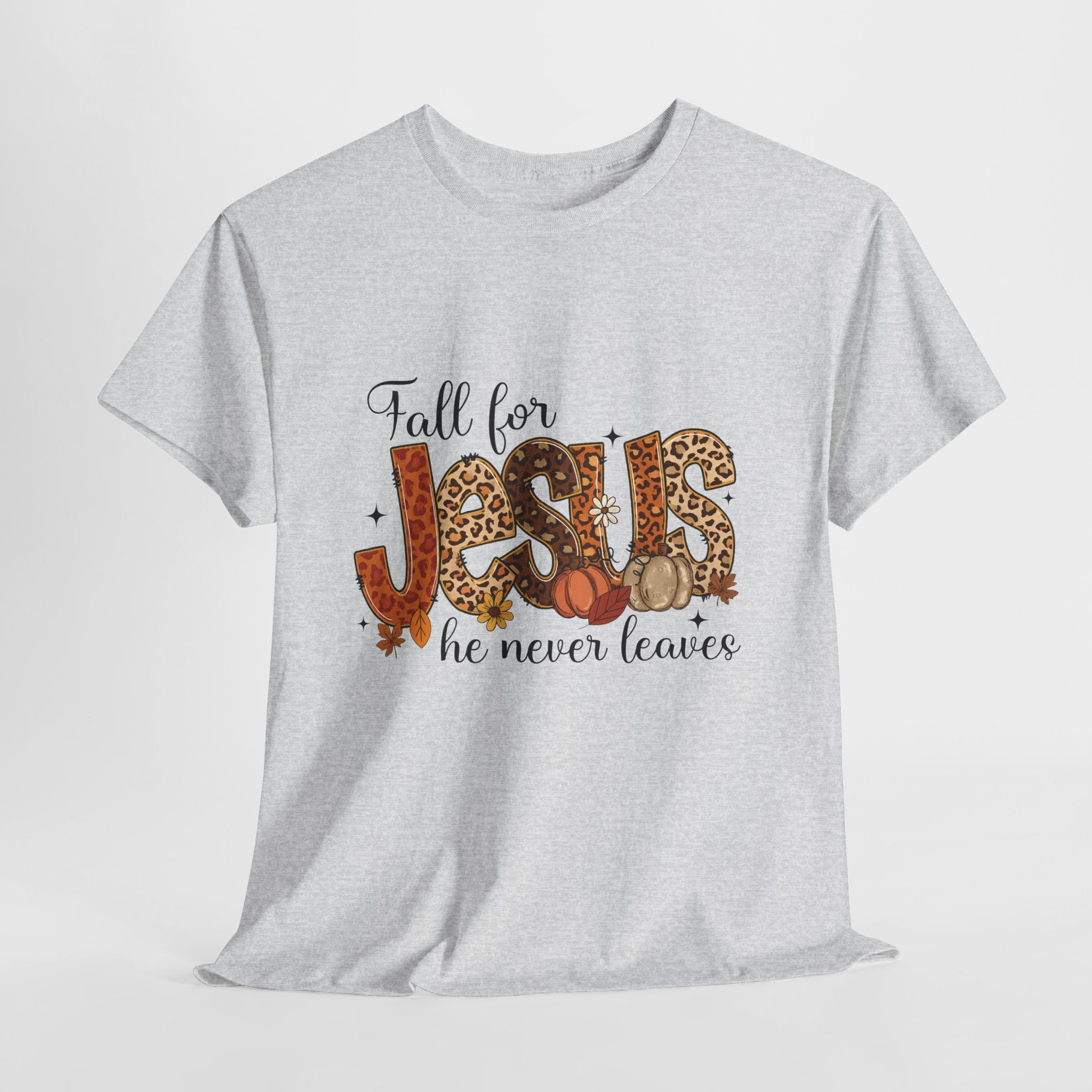JESUS Leopard Print Fall T-Shirt — Pumpkins, Leaves & Floral Christian Unisex Cotton Tee