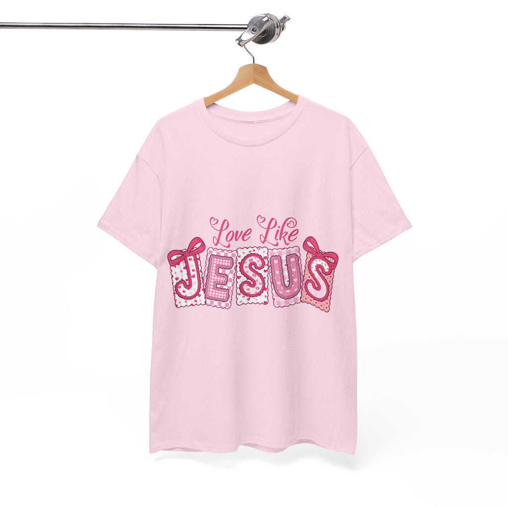 Love Like Jesus Patchwork Tee — Pink Stitched Heart Graphic.Unisex Cotton Tee
