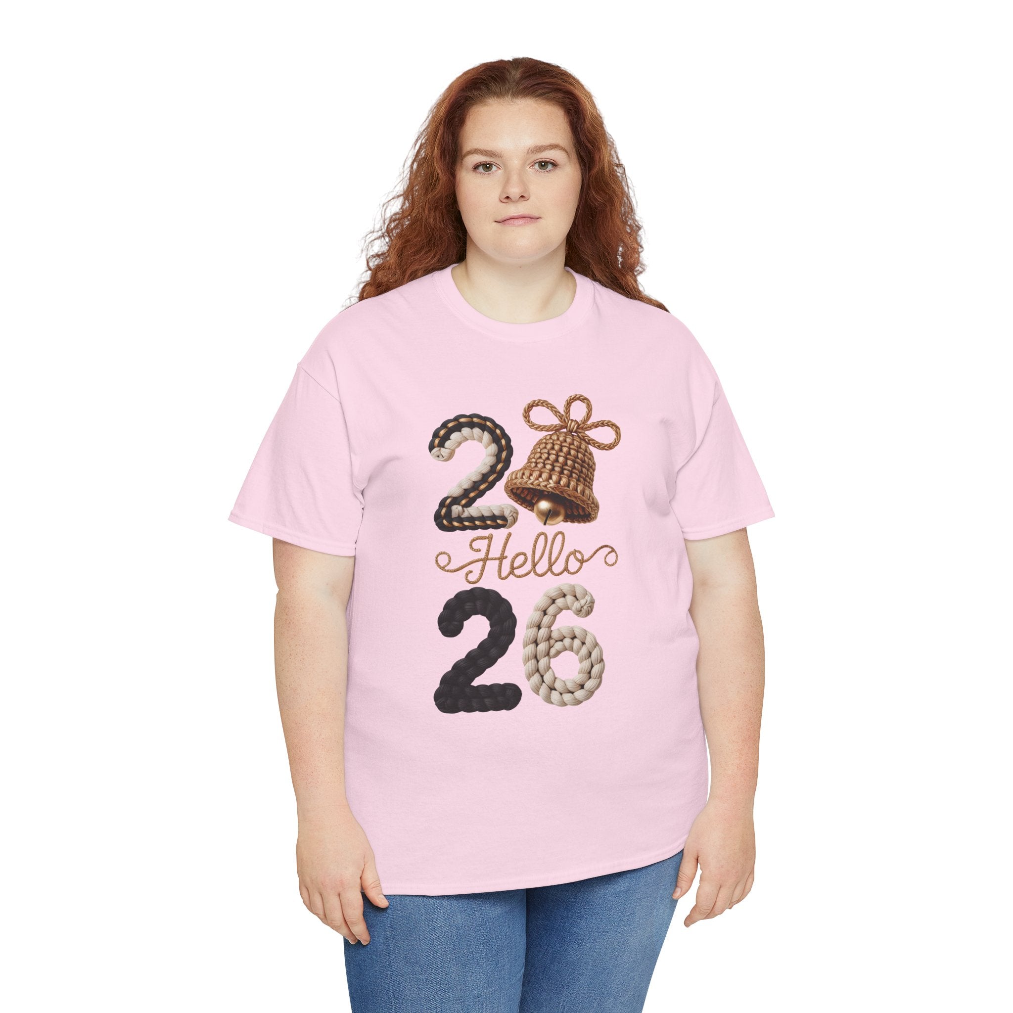 Hello 2026 Tee — Cozy Faux Yarn Braided Numbers with Woven Golden Bell..Unisex Cotton Tee