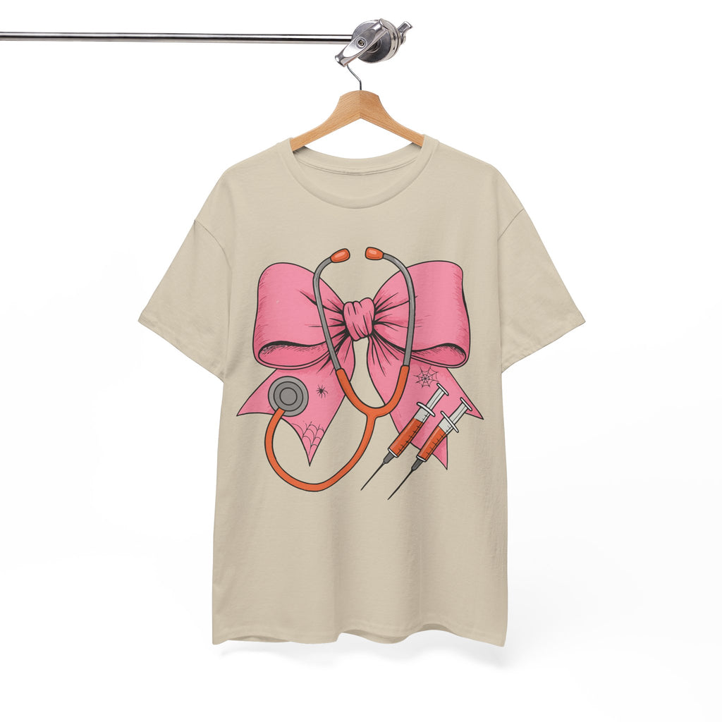 Halloween Nurse T‑Shirt — Pink Nurse Bow with Stethoscope, Syringes & Spider Webs..Unisex Cotton Tee