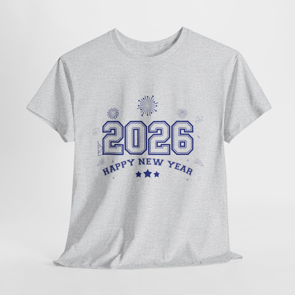 Happy New Year 2026 Varsity Tee — Fireworks & Confetti Celebration Unisex Cotton Tee