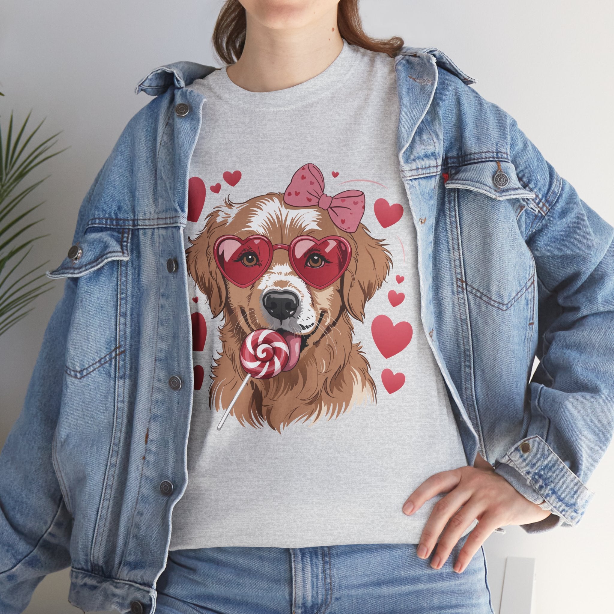Valentine Dog T-Shirt — Cute Pup with Heart Glasses, Pink Bow & Lollipop..Unisex Cotton Tee