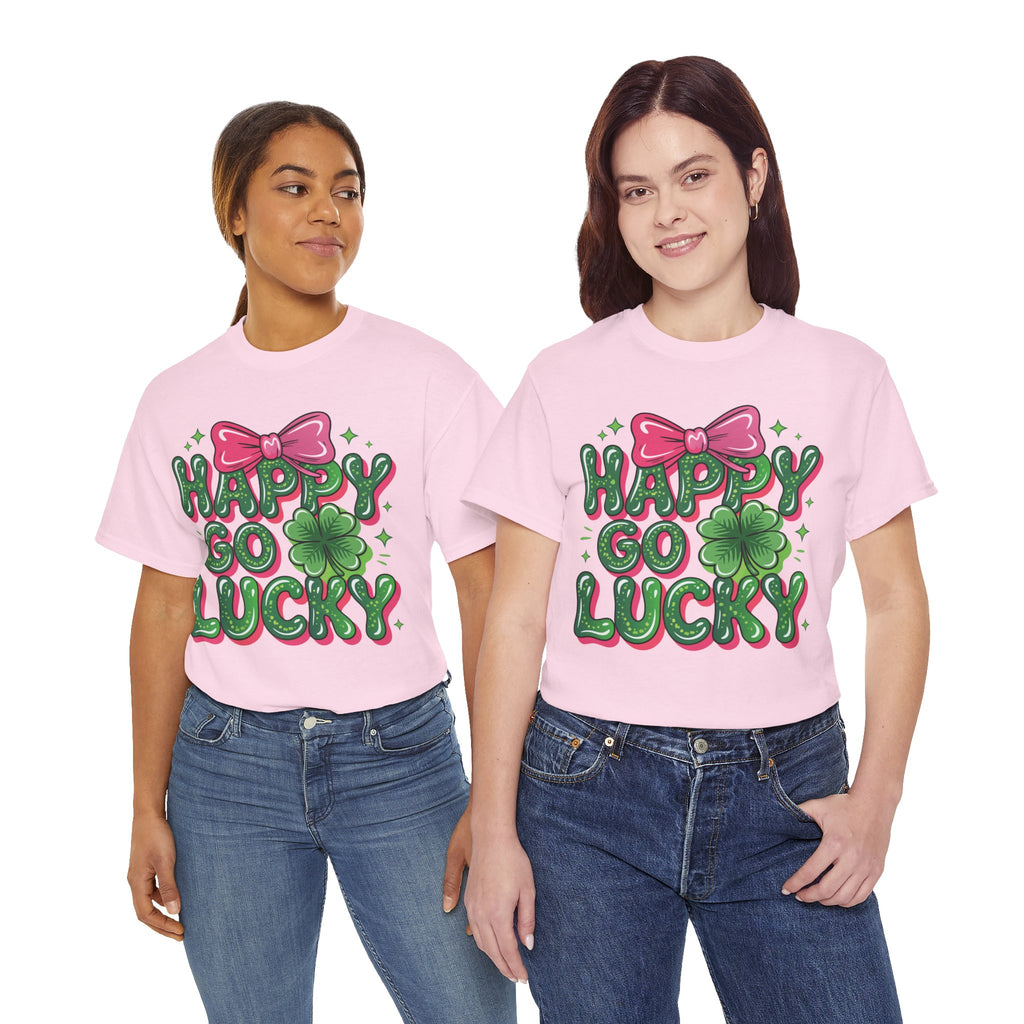 Happy Go Lucky Four-Leaf Clover Tee — Glossy Green Letters & Pink Bow Unisex Cotton Tee