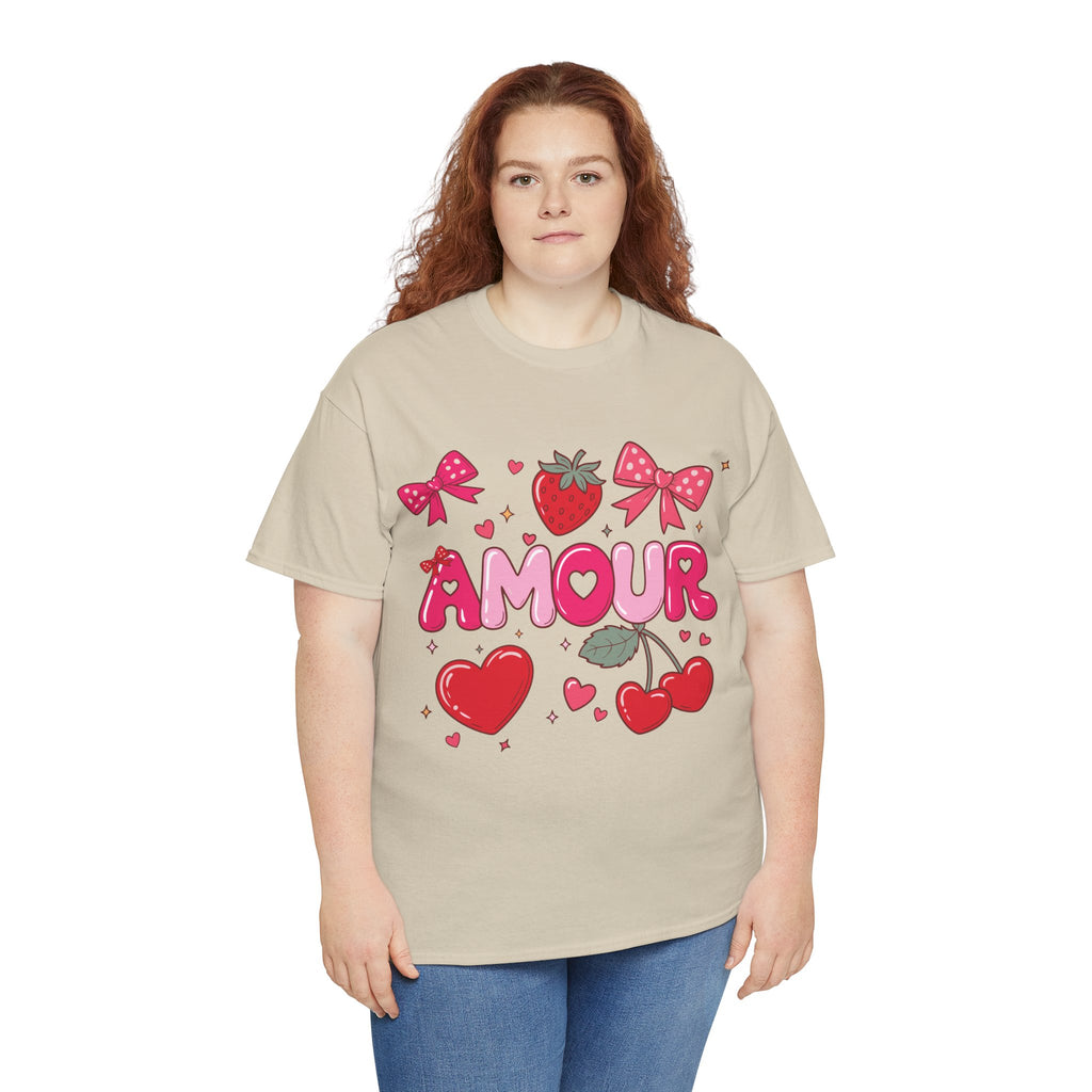 Amour Pink Hearts Tee — Shiny Lettering with Bows, Cherries & Strawberry Accent...Unisex Cotton Tee