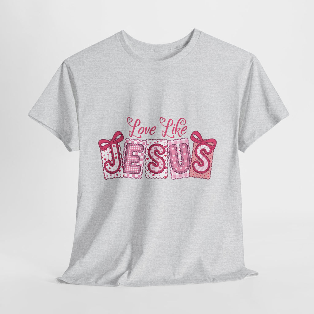 Love Like Jesus Patchwork Tee — Pink Stitched Heart Graphic.Unisex Cotton Tee