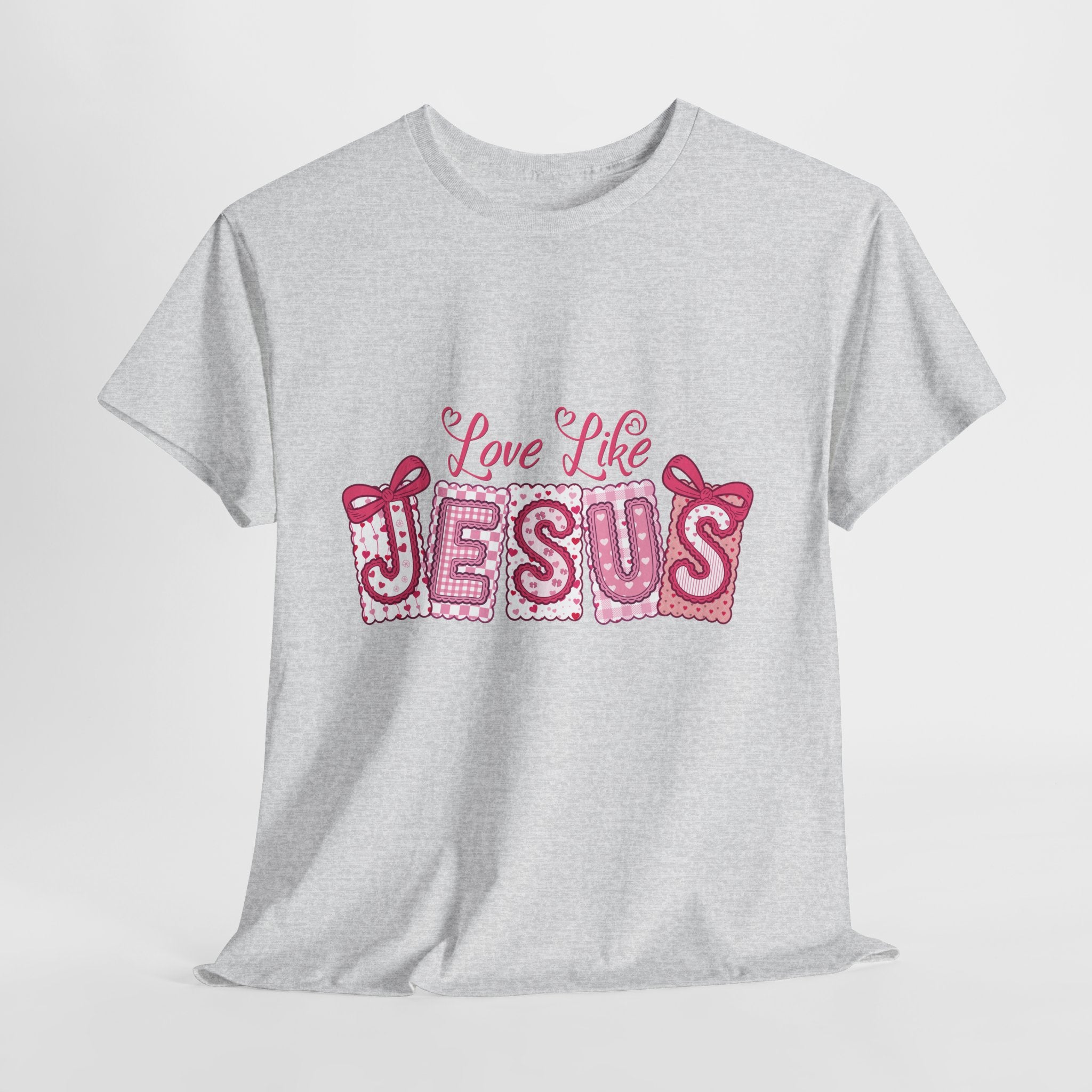 Love Like Jesus Patchwork Tee — Pink Stitched Heart Graphic.Unisex Cotton Tee