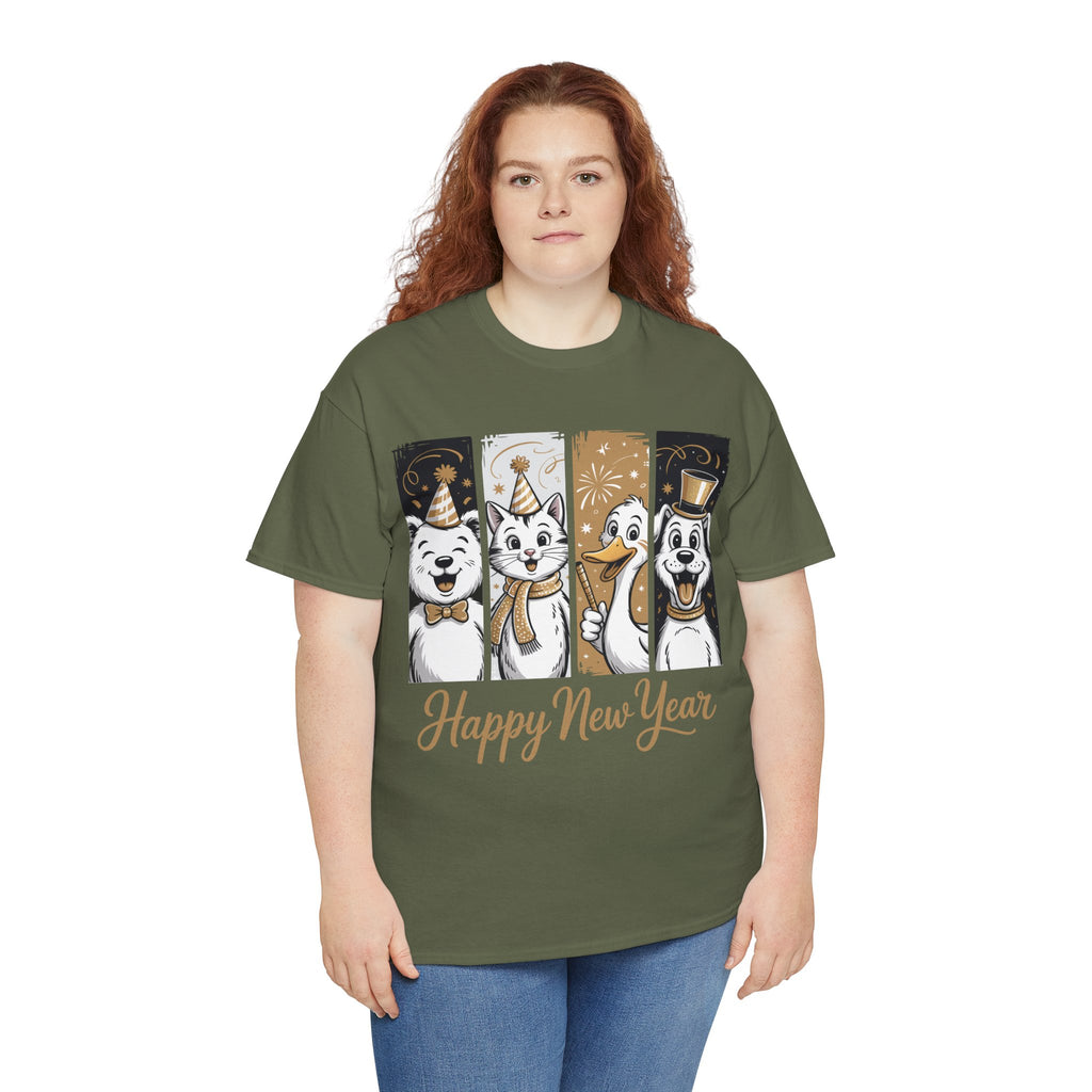 Happy New Year Party Animals T-Shirt — Cute Smiling Animals in Party Hats & Gold Fireworks..Unisex Cotton Tee