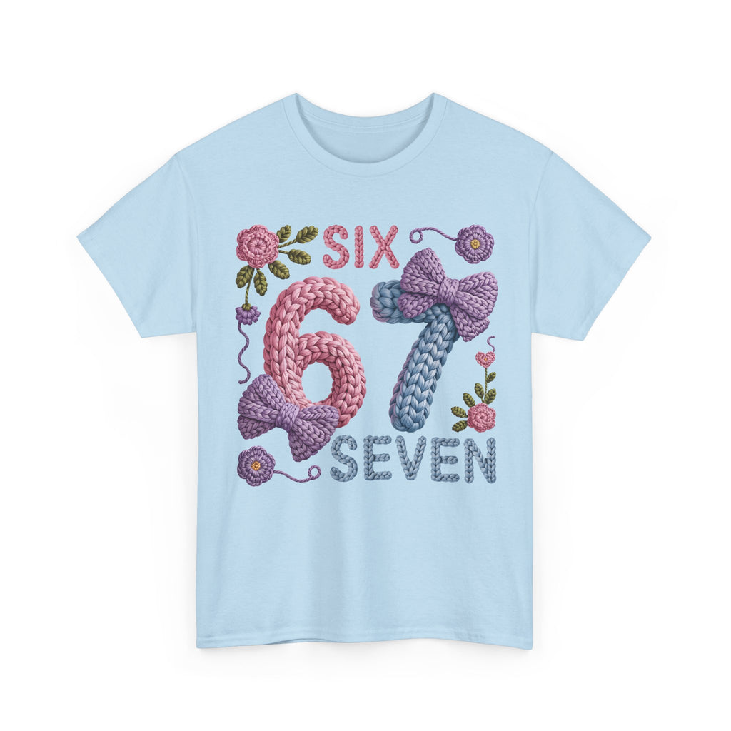 Pastel Crochet Numbers 6 & 7 Tee — Faux-Yarn Bows & Flowers. Unisex Cotton Tee