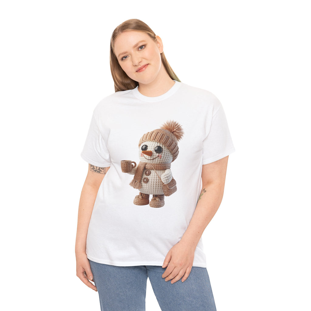 Cozy Snowman Tee — Smiling Snowman with Mug, Scarf & Beanie. Unisex Cotton Tee