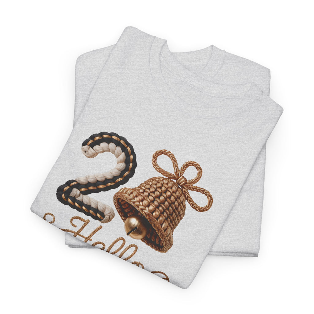 Hello 2026 Tee — Cozy Faux Yarn Braided Numbers with Woven Golden Bell..Unisex Cotton Tee