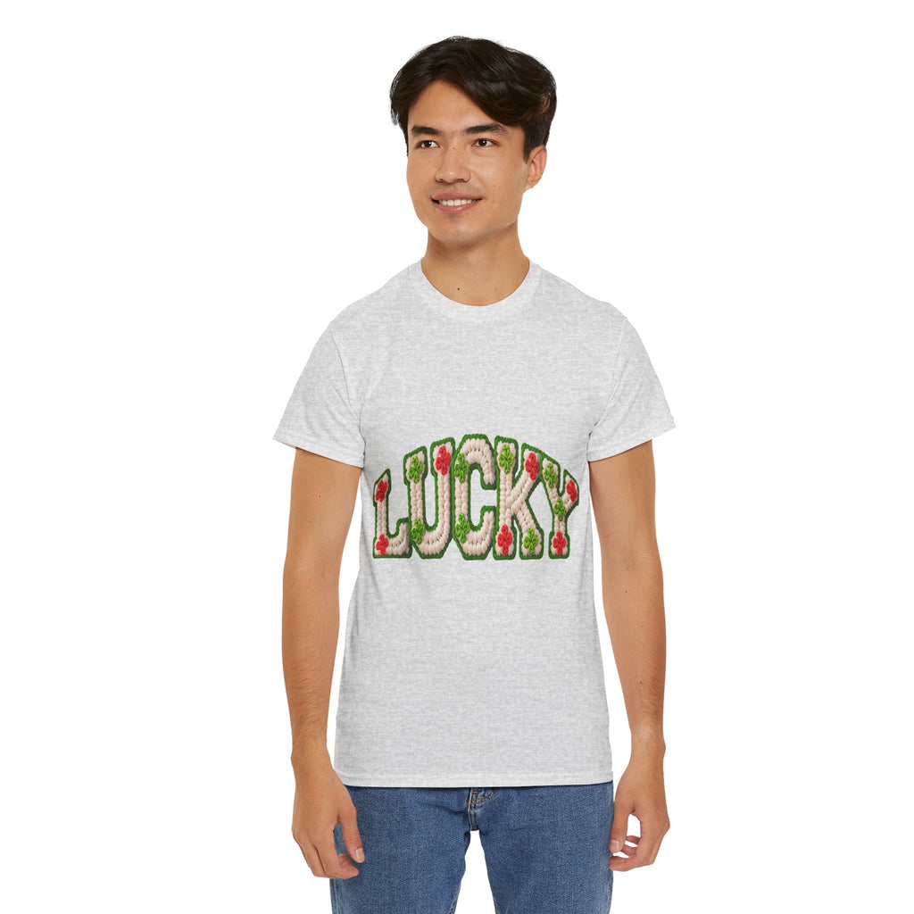 Lucky Crochet Clover T-Shirt — Faux-Yarn Embroidered St. Patrick’s Unisex Cotton Tee