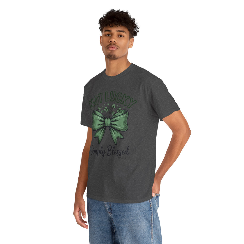 Not Lucky, Simply Blessed T-Shirt — Green Bow & Clovers St. Patrick’s Unisex Cotton Tee