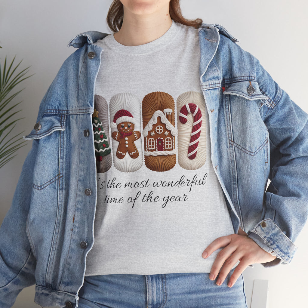 Christmas Faux-Yarn Tree Tee — Gingerbread House & Candy Cane Holiday Unisex Cotton T-Shirt