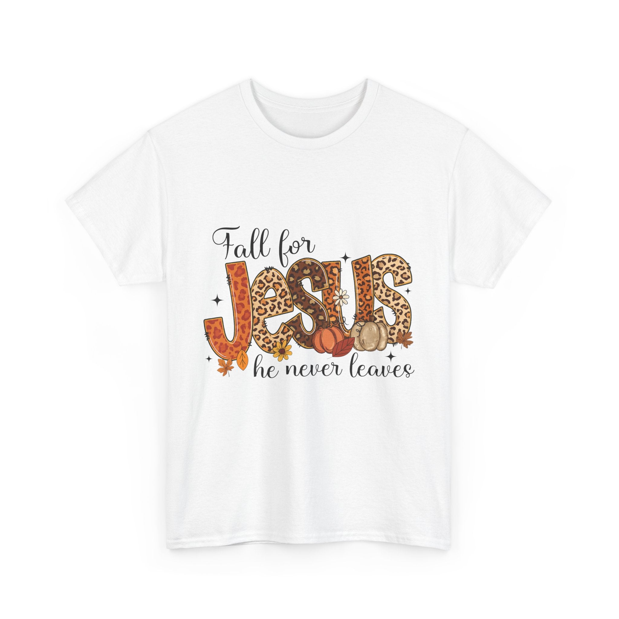 JESUS Leopard Print Fall T-Shirt — Pumpkins, Leaves & Floral Christian Unisex Cotton Tee