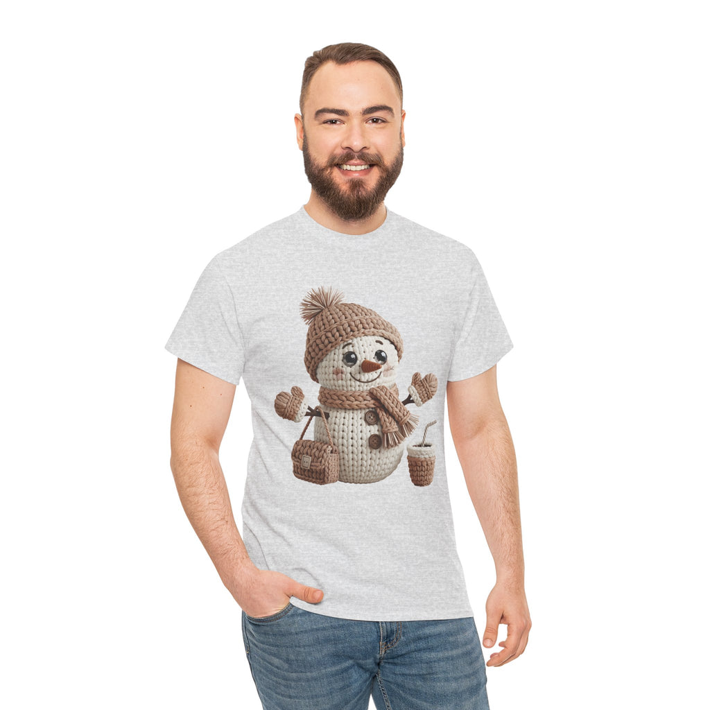 Snowman Knit‑Style Graphic Tee — Cute Faux‑Yarn Snowman with Hat, Scarf & Mittens.Unisex Cotton Tee