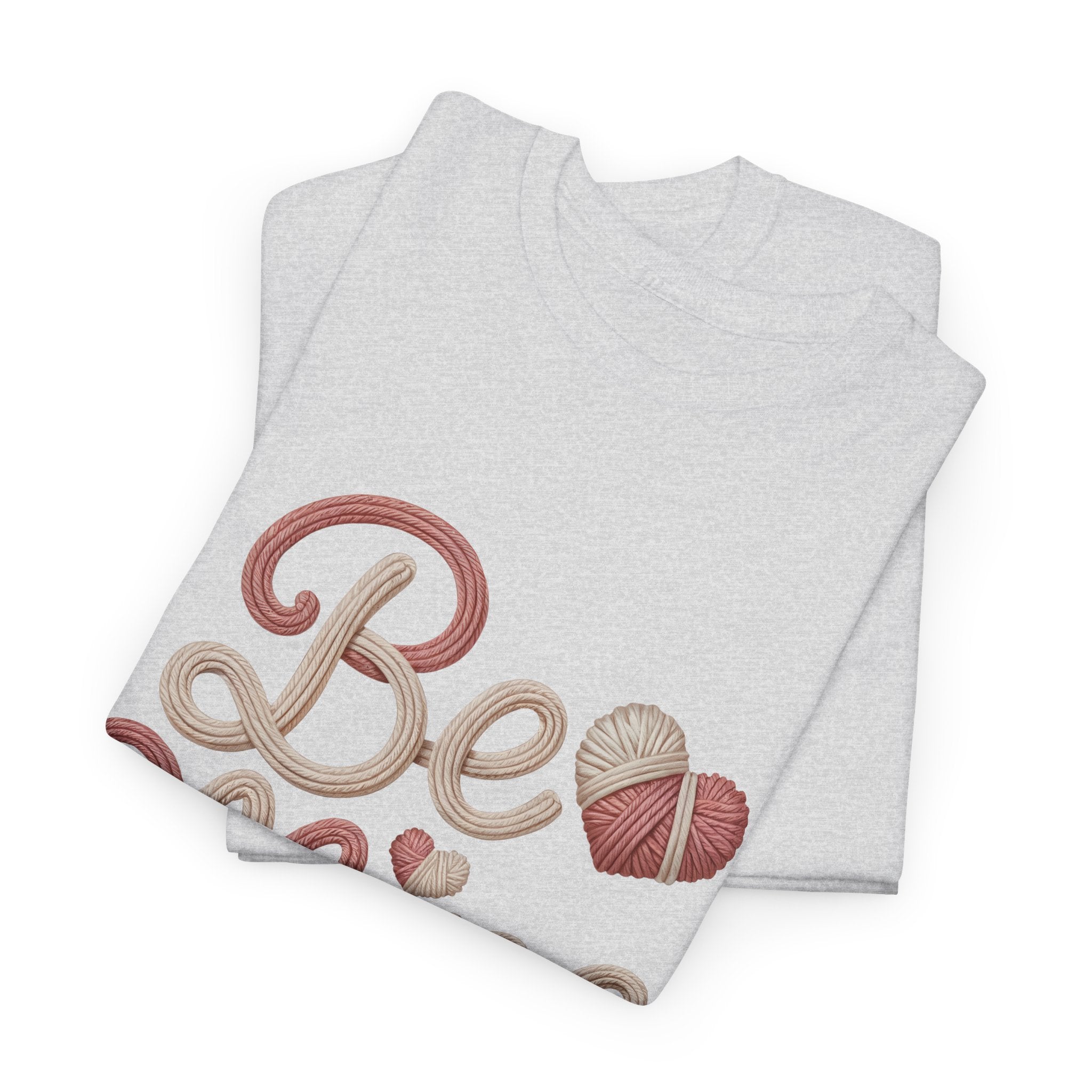 Be Mine Yarn Heart T-Shirt — Valentine’s Faux-Yarn Pink & Cream Unisex Cotton Tee