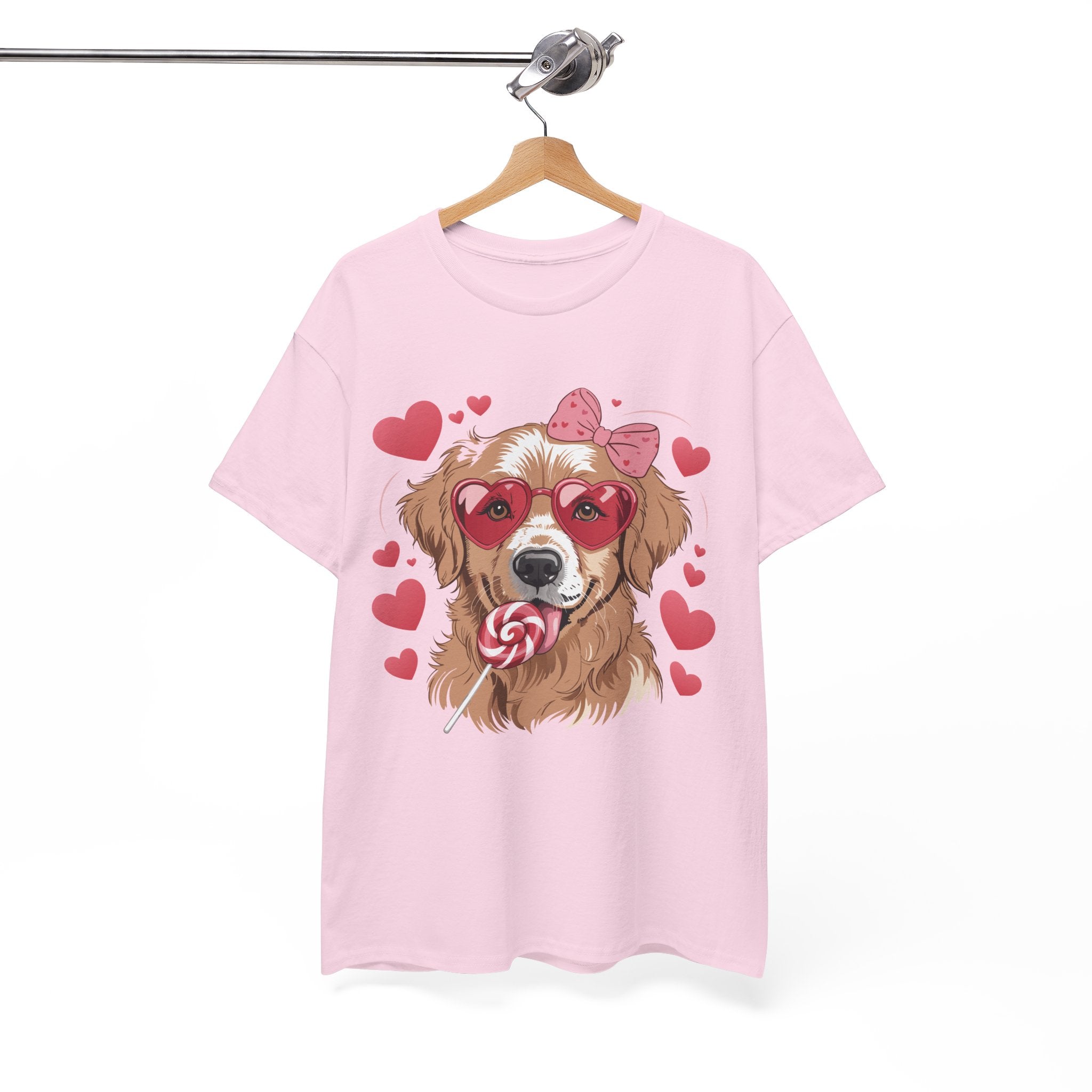 Valentine Dog T-Shirt — Cute Pup with Heart Glasses, Pink Bow & Lollipop..Unisex Cotton Tee