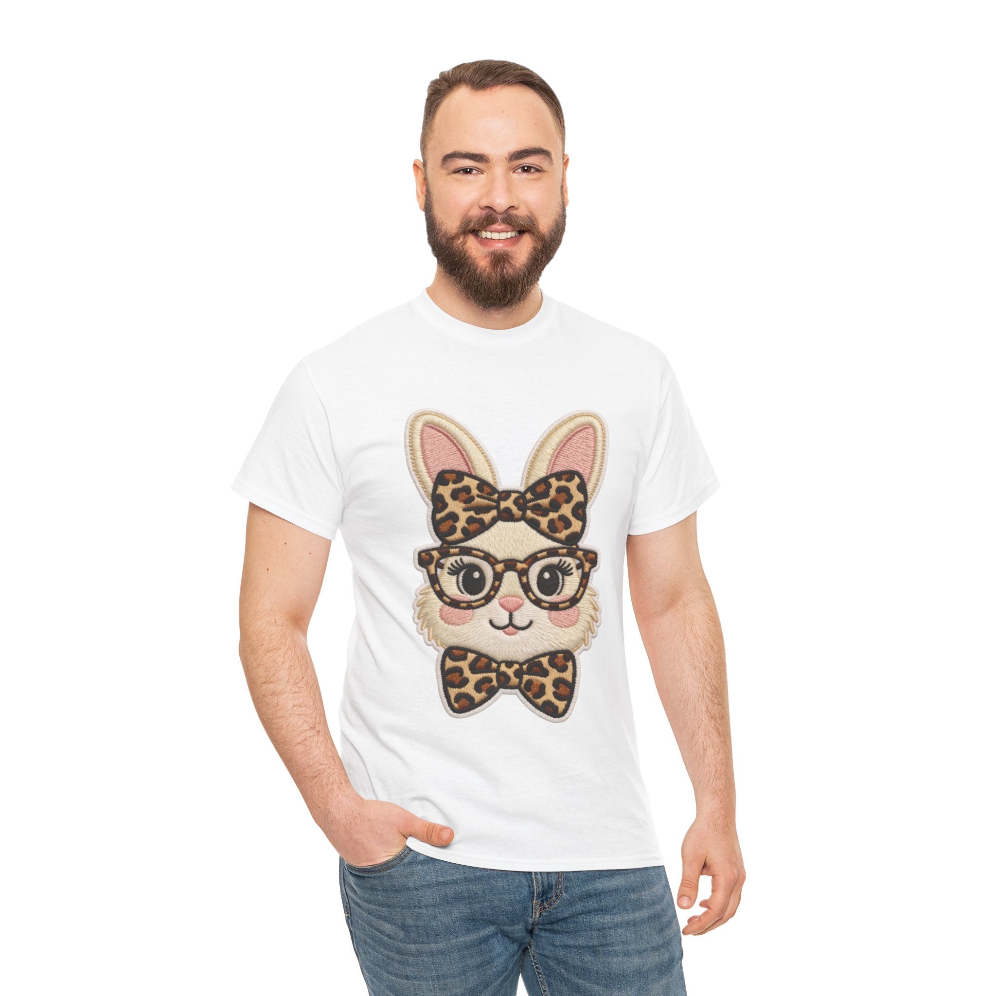 Leopard Bow Bunny Embroidered Tee — Cute Bunny Face with Glasses Patch Unisex Cotton Tee