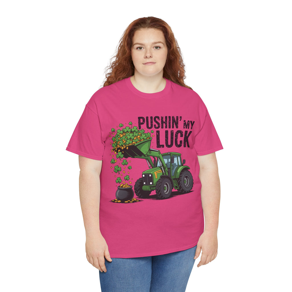 Pushin' My Luck Shamrock Tractor Tee — St. Patrick's Day Unisex Cotton T-Shirt