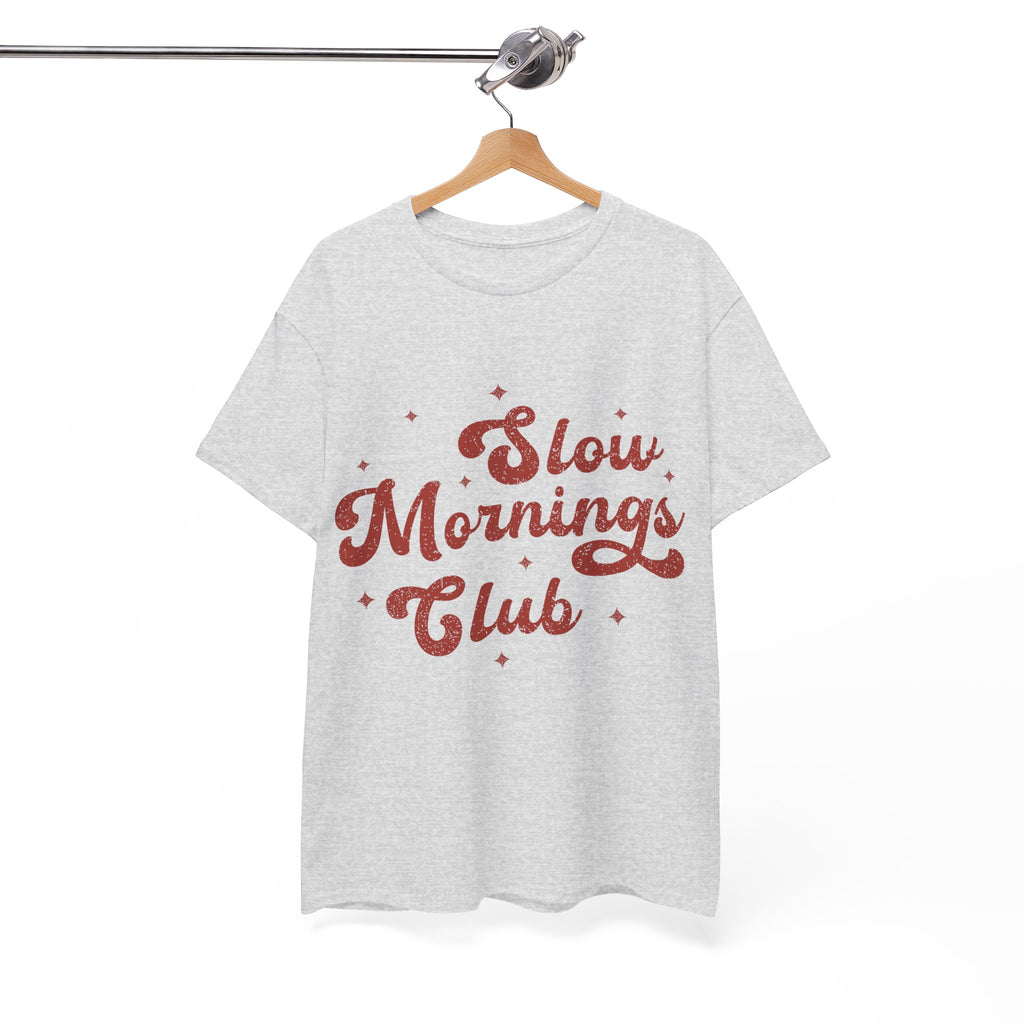 Slow Mornings Club T-Shirt — Retro Red Sparkle Unisex Cotton Tee