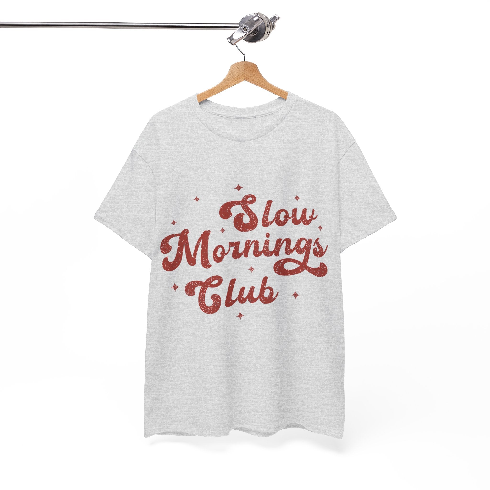 Slow Mornings Club T-Shirt — Retro Red Sparkle Unisex Cotton Tee