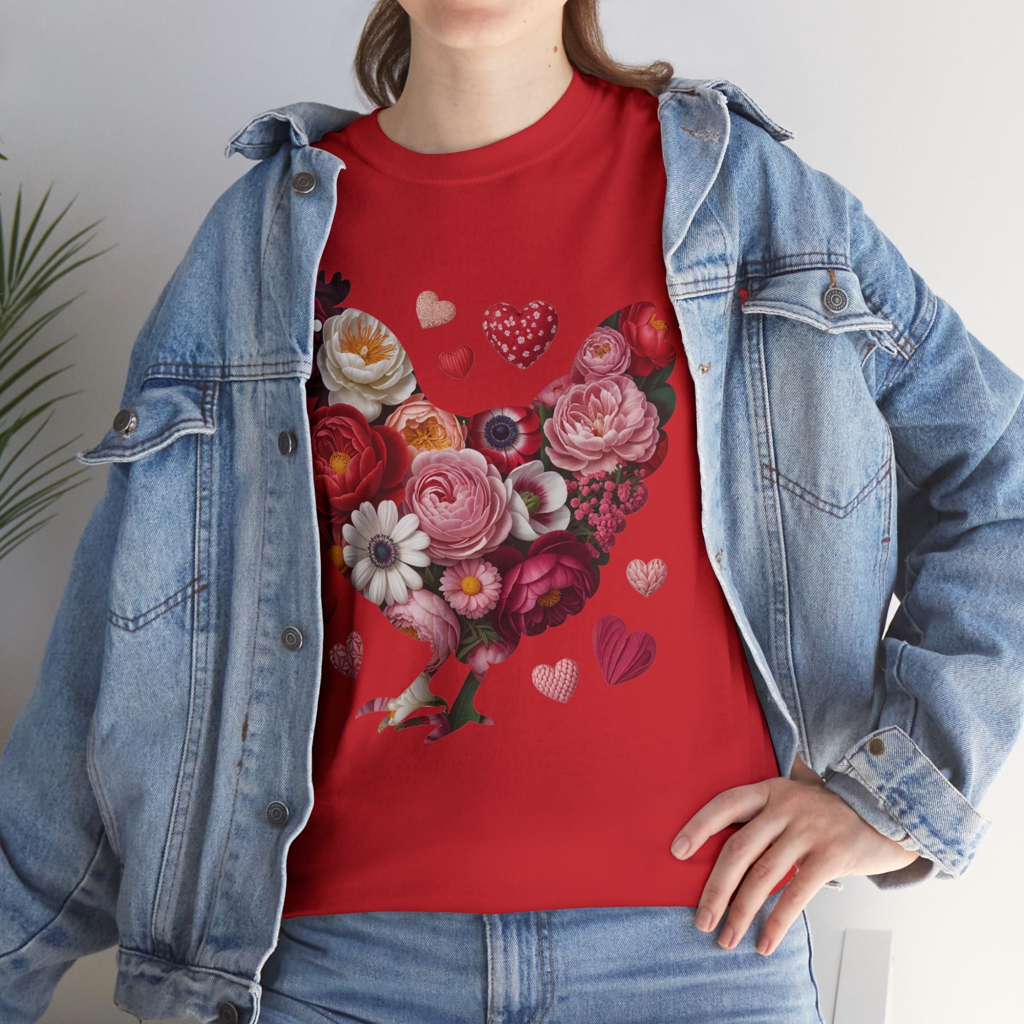 Floral Chicken Heart Tee — Red & Pink Flower Silhouette Unisex Cotton Tee