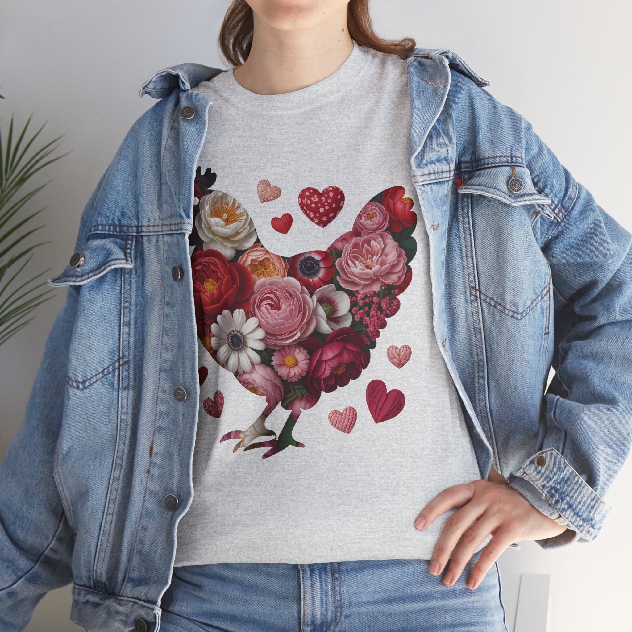 Floral Chicken Heart Tee — Red & Pink Flower Silhouette Unisex Cotton Tee