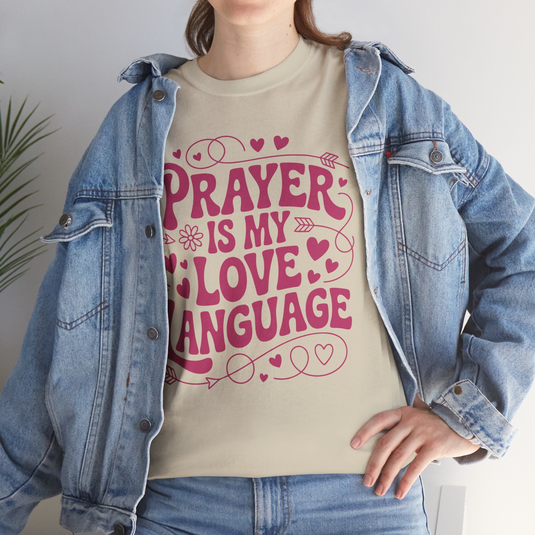 Prayer Is My Love Language Christian Tee — Pastel Pink Hearts Unisex Cotton Tee