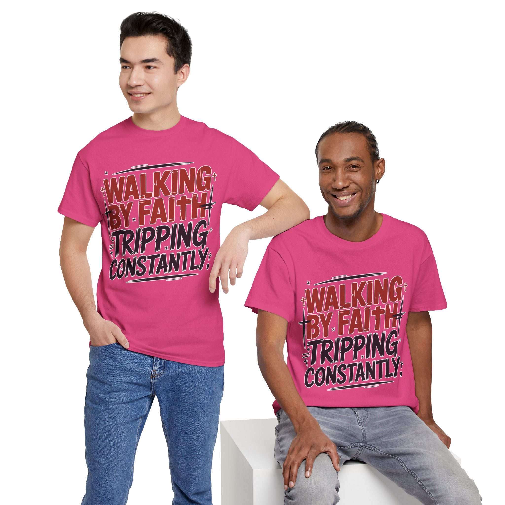 Walking by Faith, Tripping Constantly Unisex Cotton T-Shirt