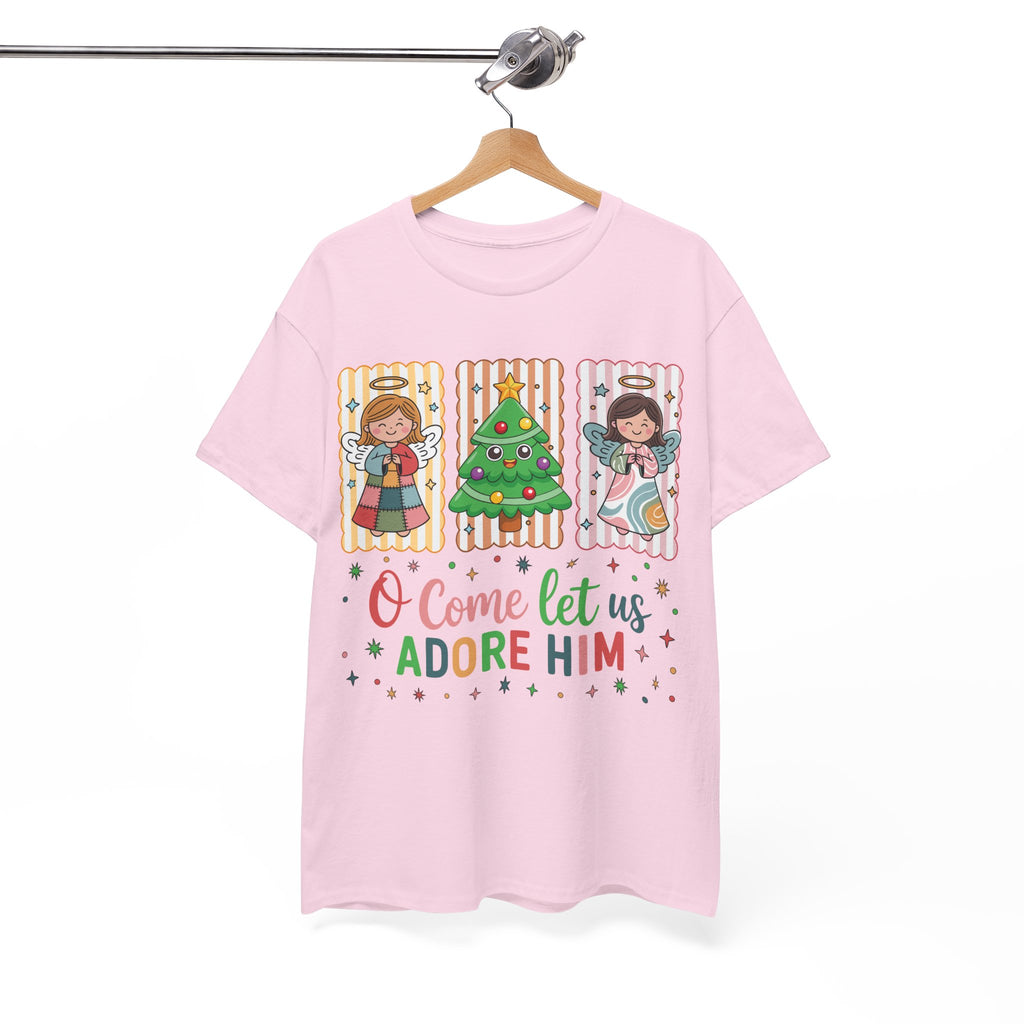 O Come Let Us Adore Him Christmas Tee — Smiling Angels & Happy Tree..Unisex Cotton Tee