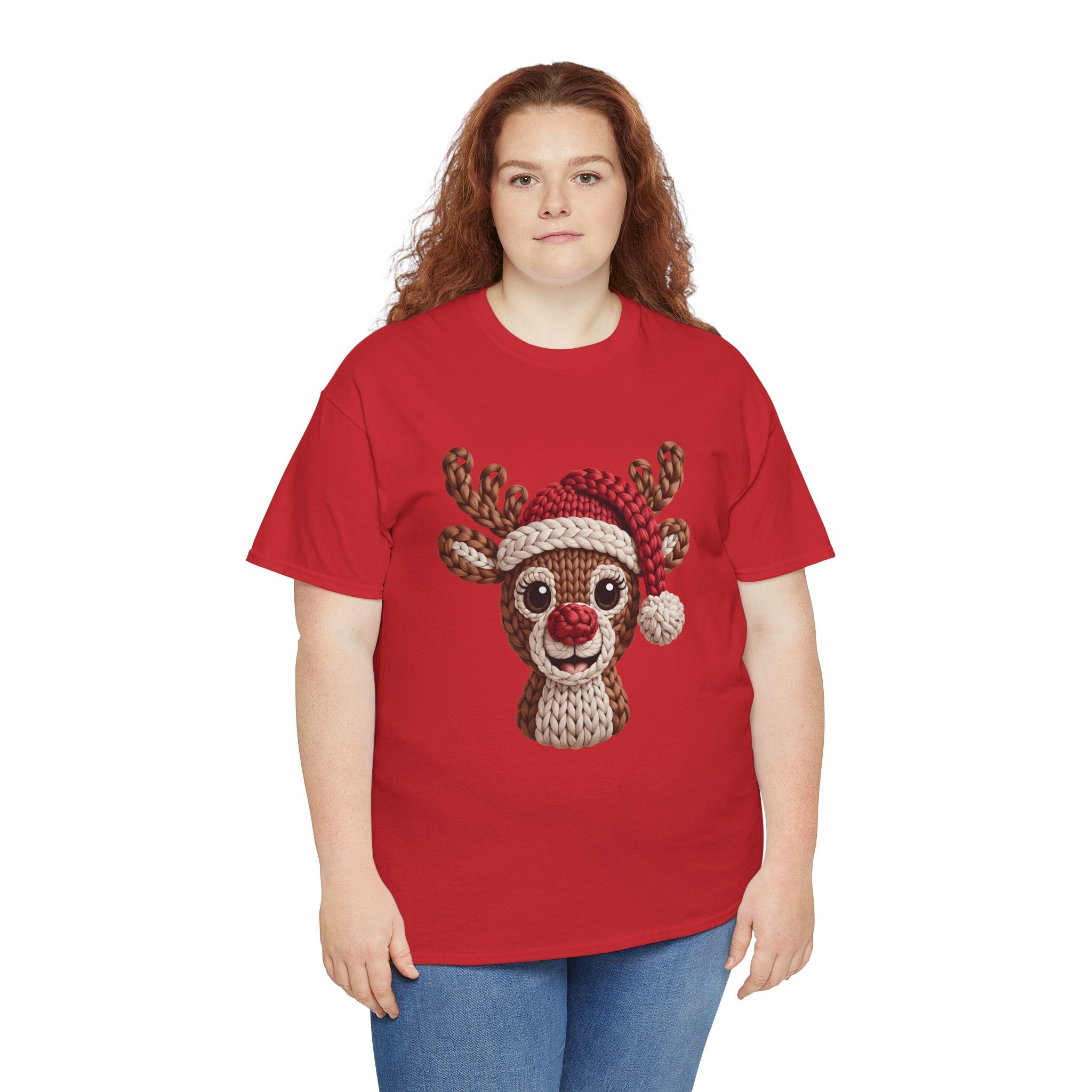Reindeer in Santa Hat Cotton Tee — Joyful Faux-Yarn Holiday Unisex Coton T-Shirt