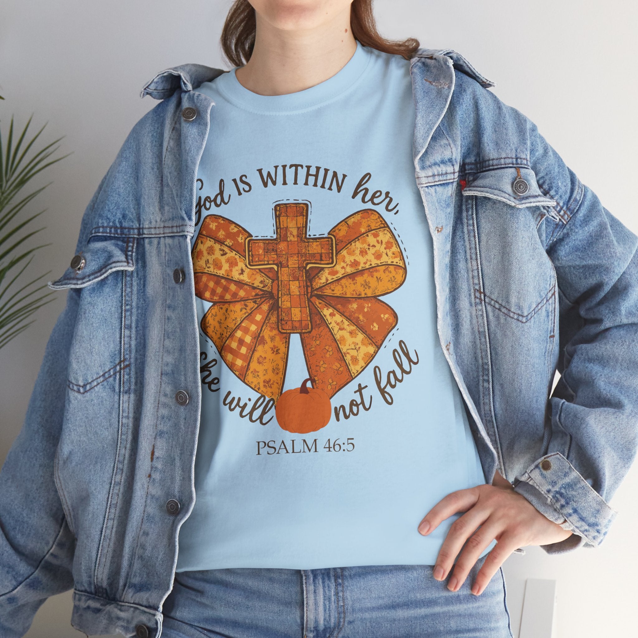Psalm 46:5 Cross Patchwork Tee — Fall Bow Christian Unisex Cotton T-Shirt