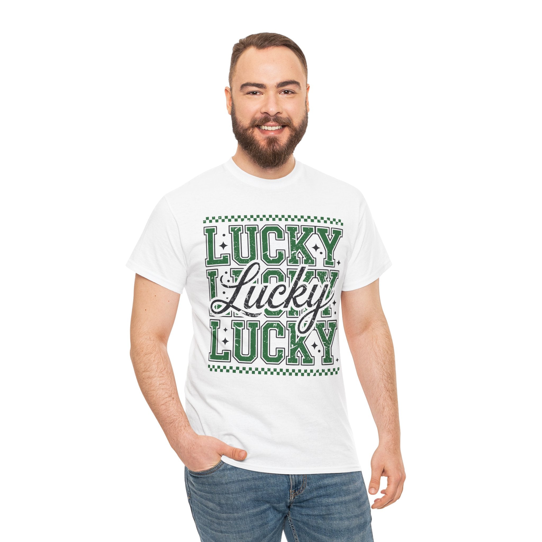 Lucky Varsity Tee — Layered Green ‘Lucky’ Graphic Unisex Cotton Tee
