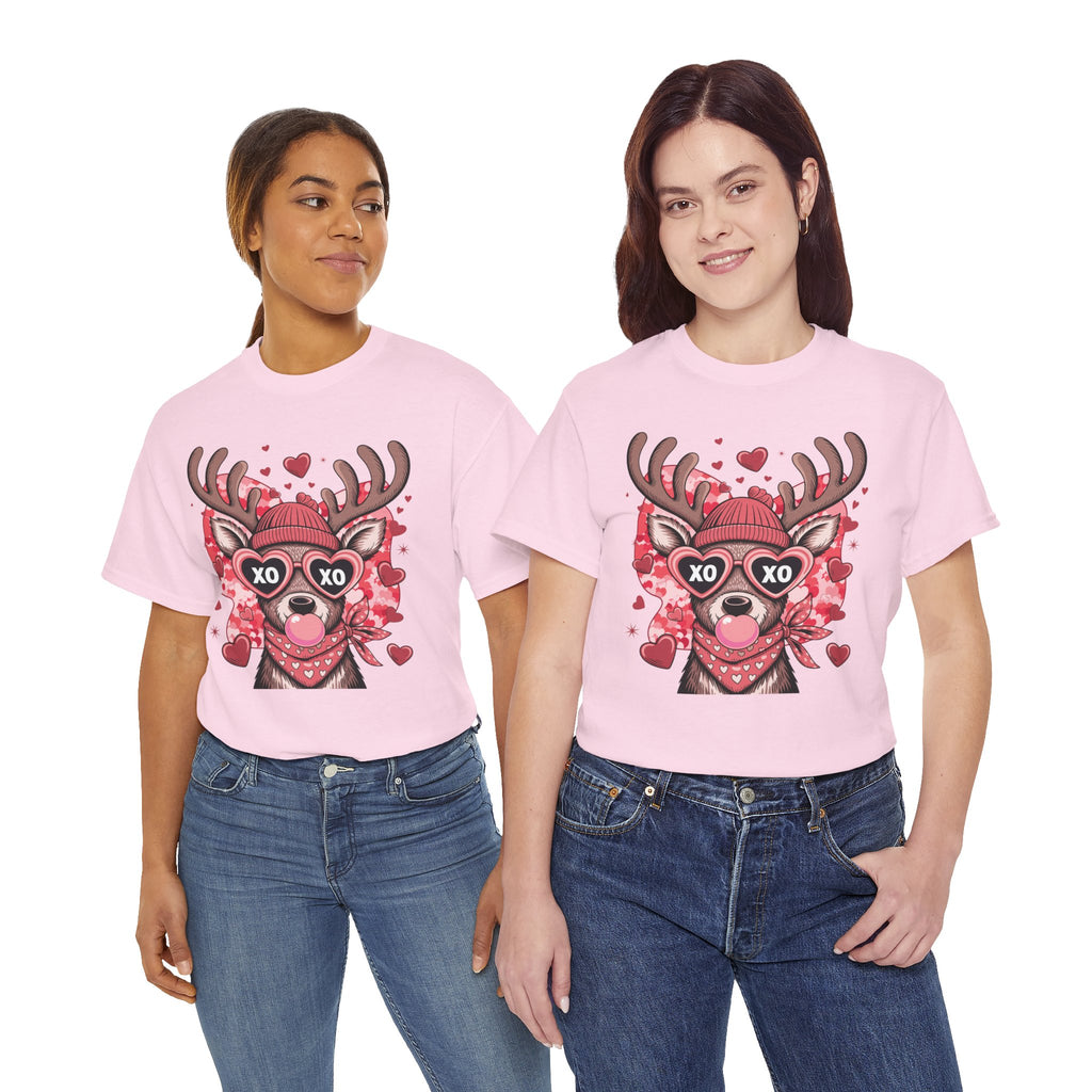 Valentine Deer Tee — Cute XO Heart Glasses, Beanie & Scarf Unisex Cotton Tshirt