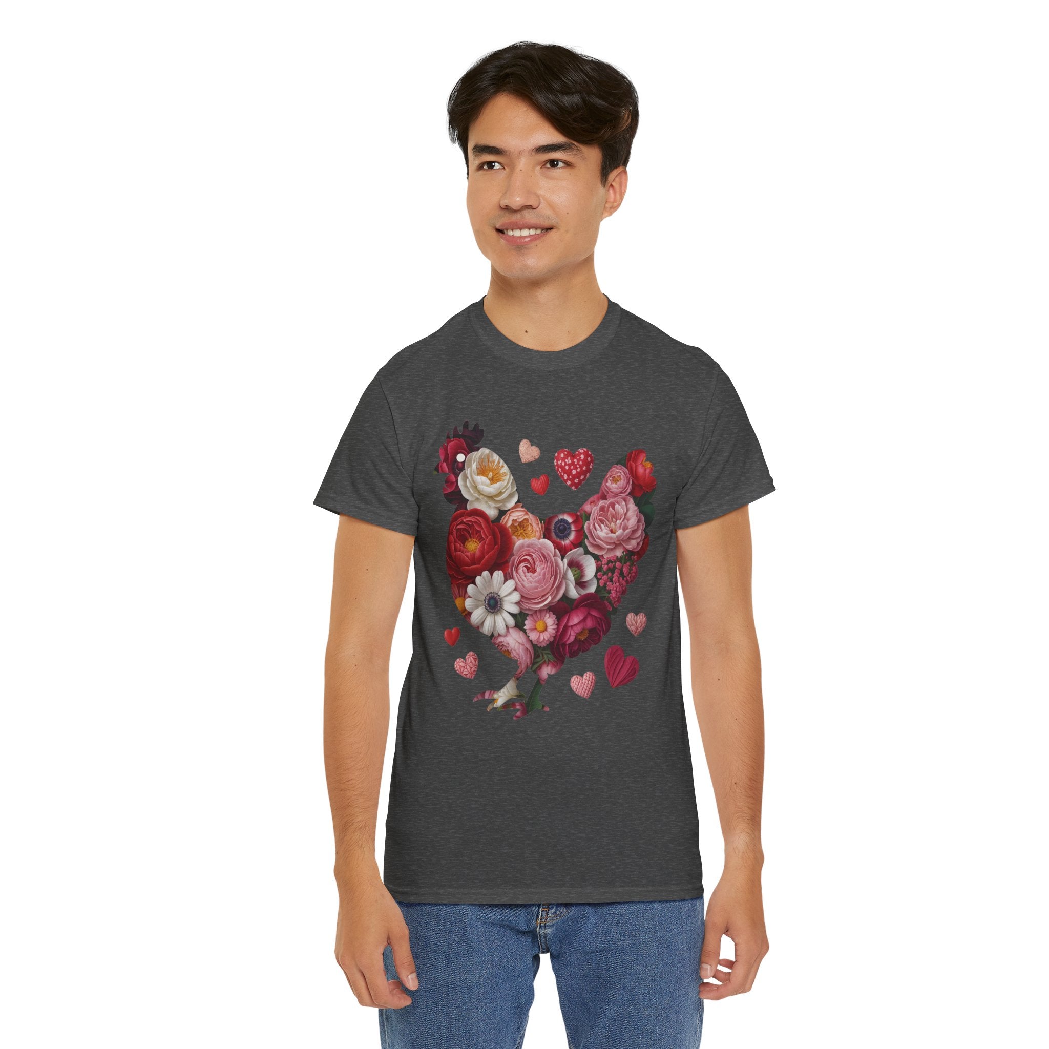 Floral Chicken Heart Tee — Red & Pink Flower Silhouette Unisex Cotton Tee