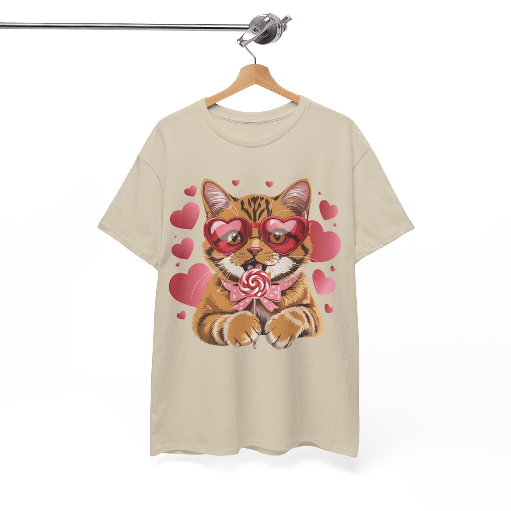 Valentine Cat Tee — Heart Glasses, Lollipop Bow Unisex Cotton Tee