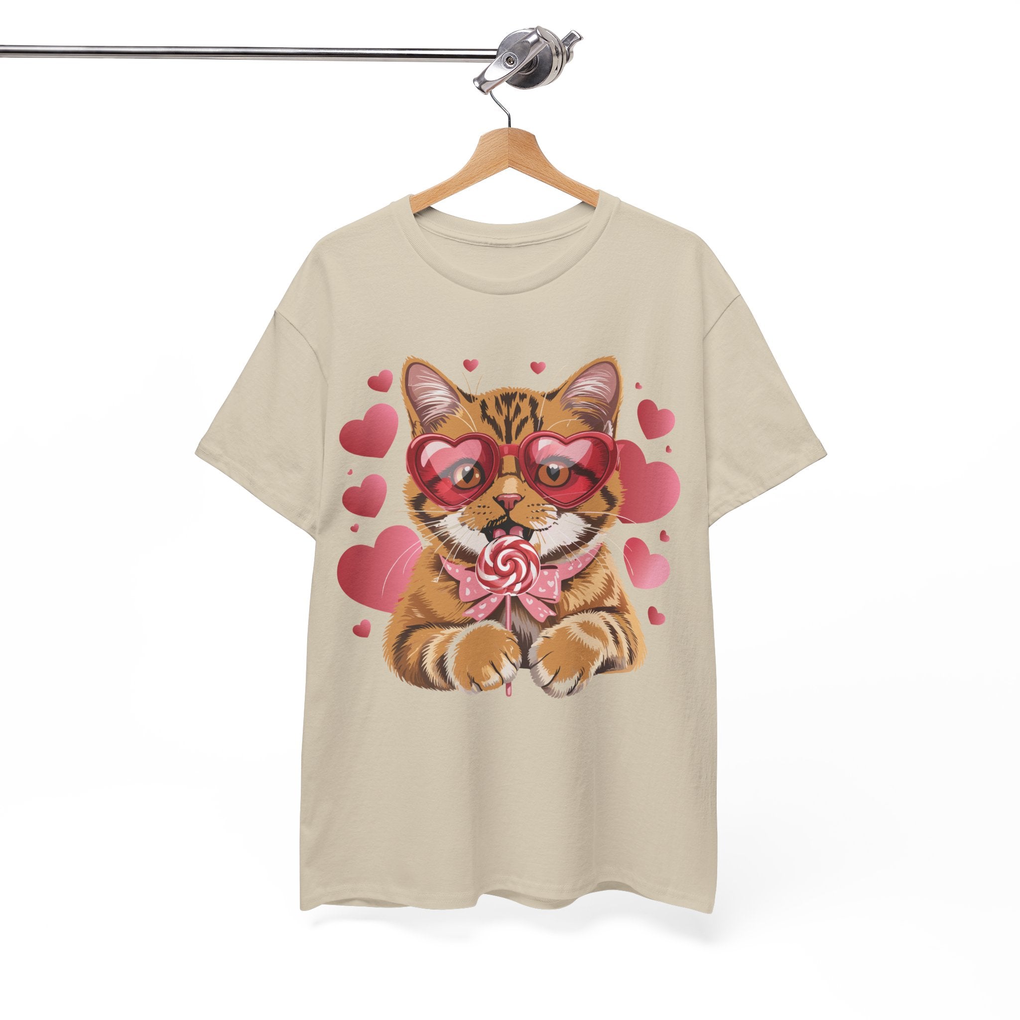 Valentine Cat Tee — Heart Glasses, Lollipop Bow Unisex Cotton Tee