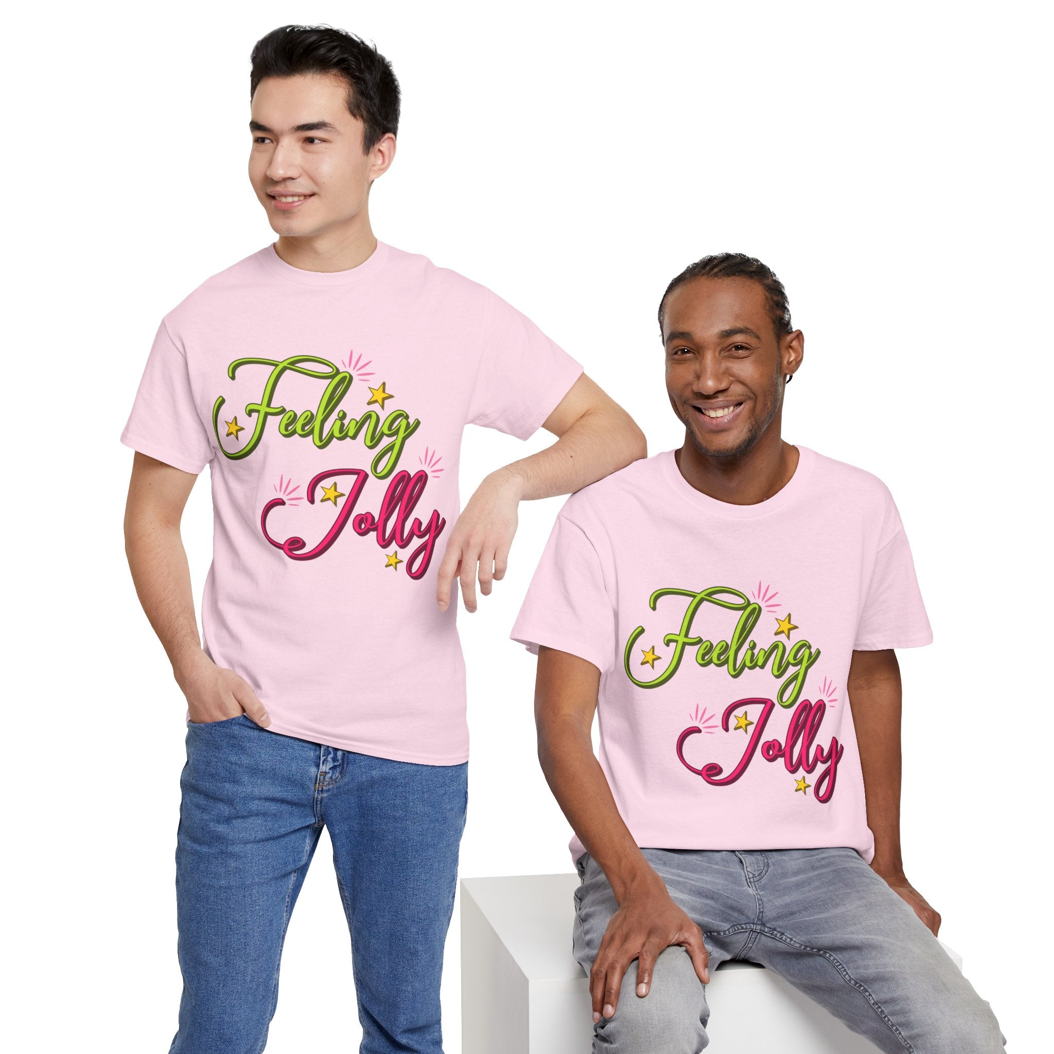 Feeling Jolly Tee — Festive Green & Pink Script with Yellow Stars Unisex Cotton Tee