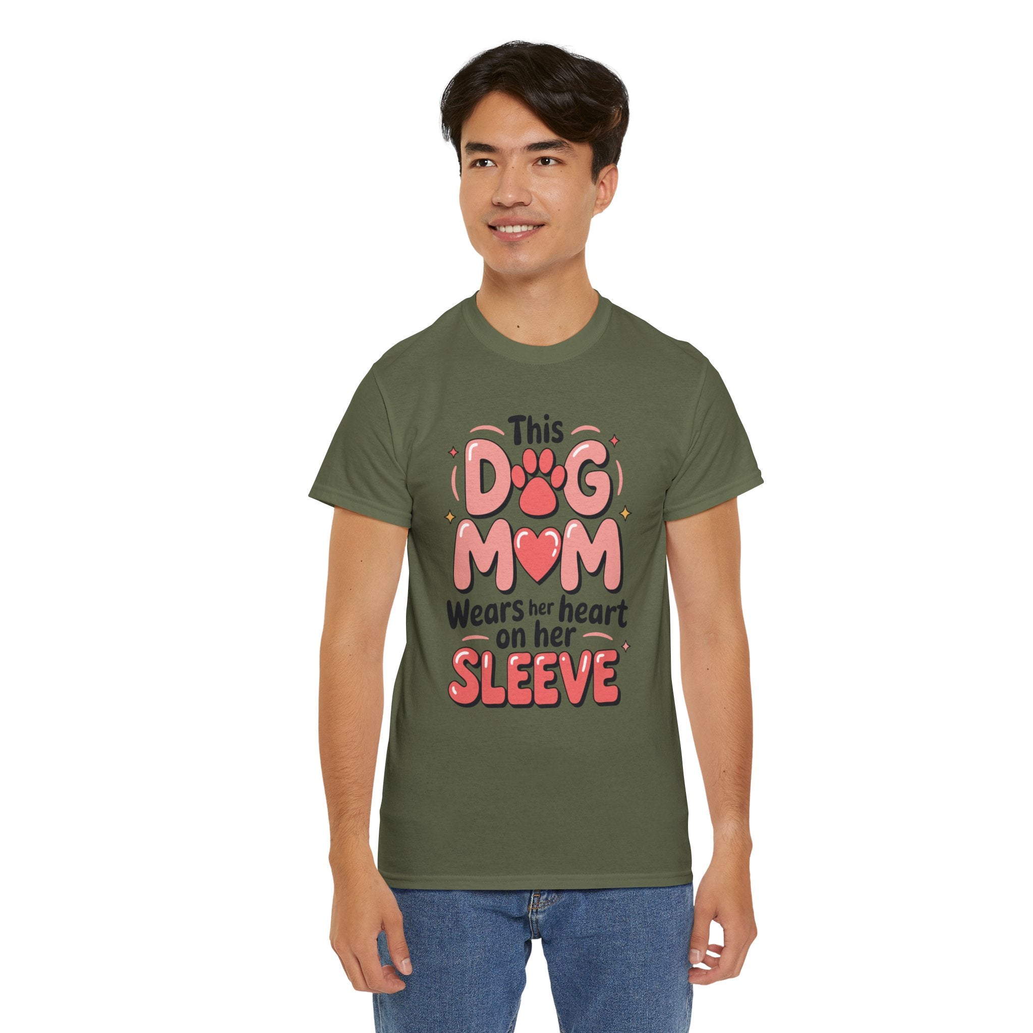 Dog Mom T-Shirt — "This Dog Mom Wears Her Heart on Her Sleeve" Paw & Heart Unisex Cotton Tee