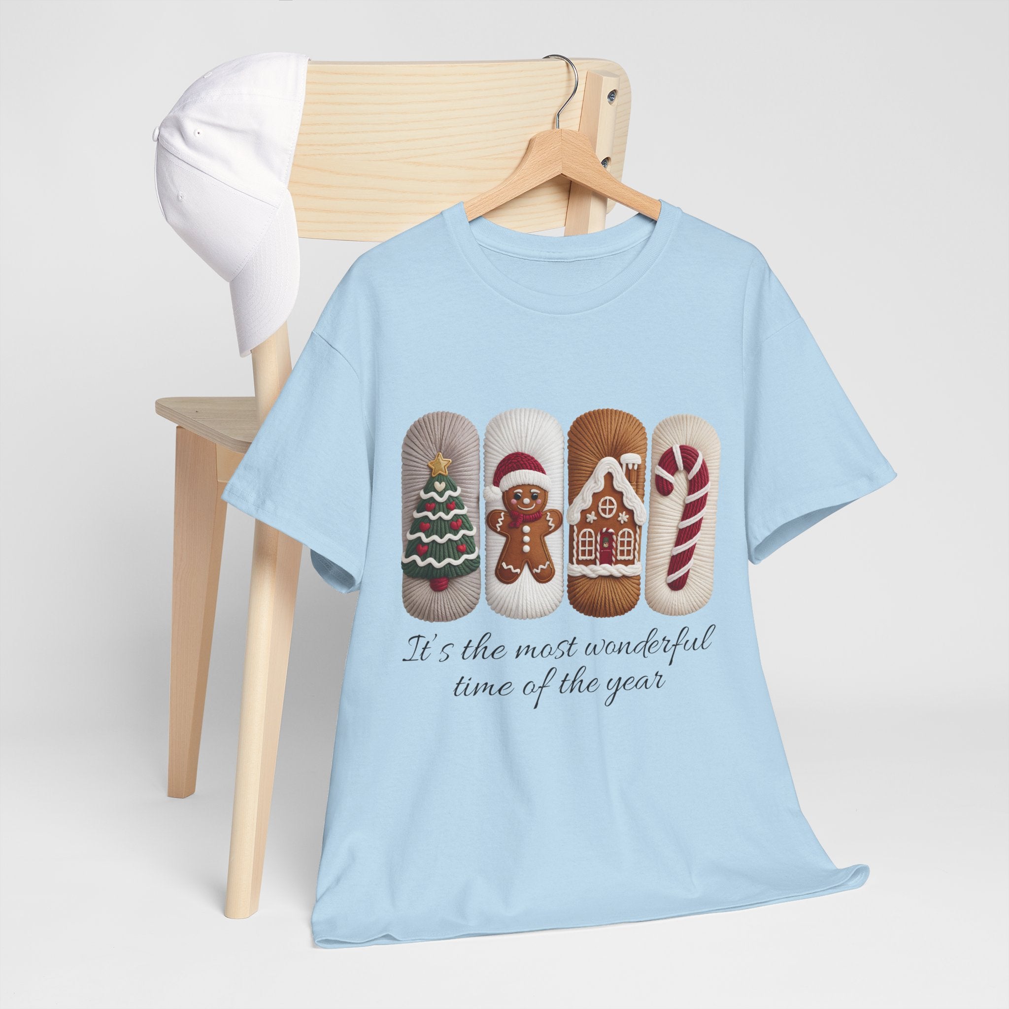 Christmas Faux-Yarn Tree Tee — Gingerbread House & Candy Cane Holiday Unisex Cotton T-Shirt