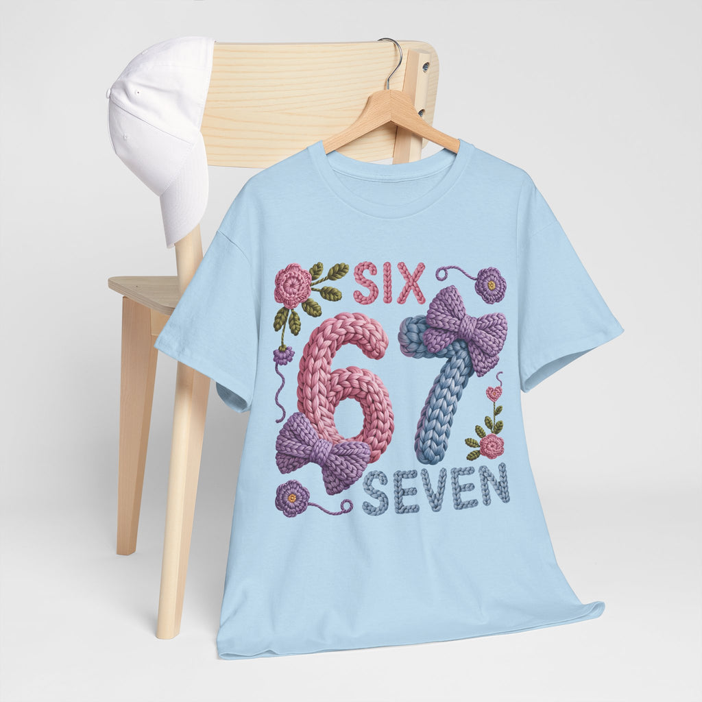 Pastel Crochet Numbers 6 & 7 Tee — Faux-Yarn Bows & Flowers. Unisex Cotton Tee