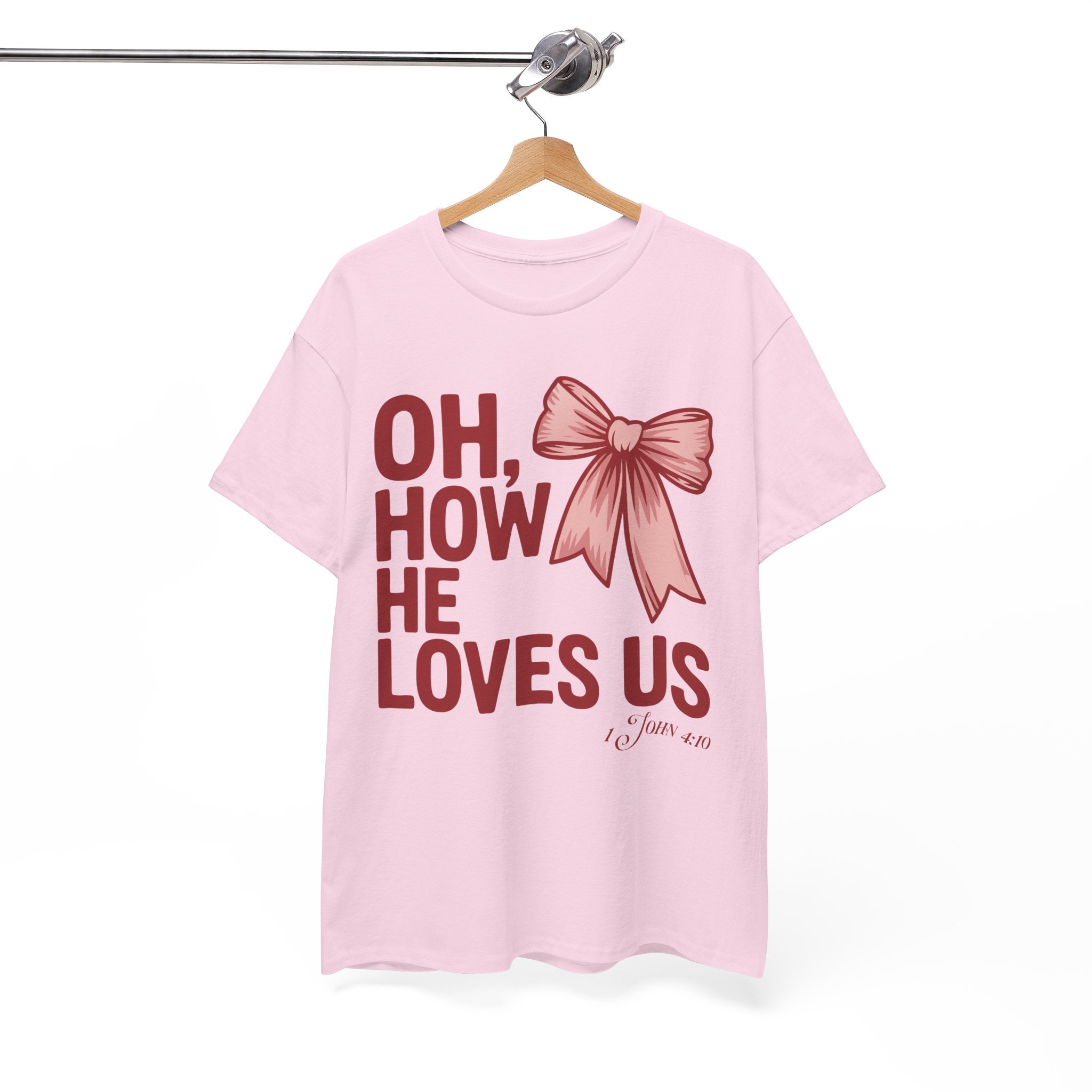 Oh, How He Loves Us Christian Valentine Tee — 1 John 4:10 Red & Pink Unisex Cotton Tee