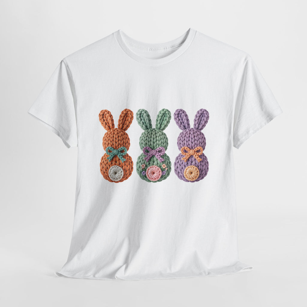 Pastel Crochet Bunny Tee — Trio of Faux Knit Bunnies with Bows & Flowers Unisex Cotton Tee