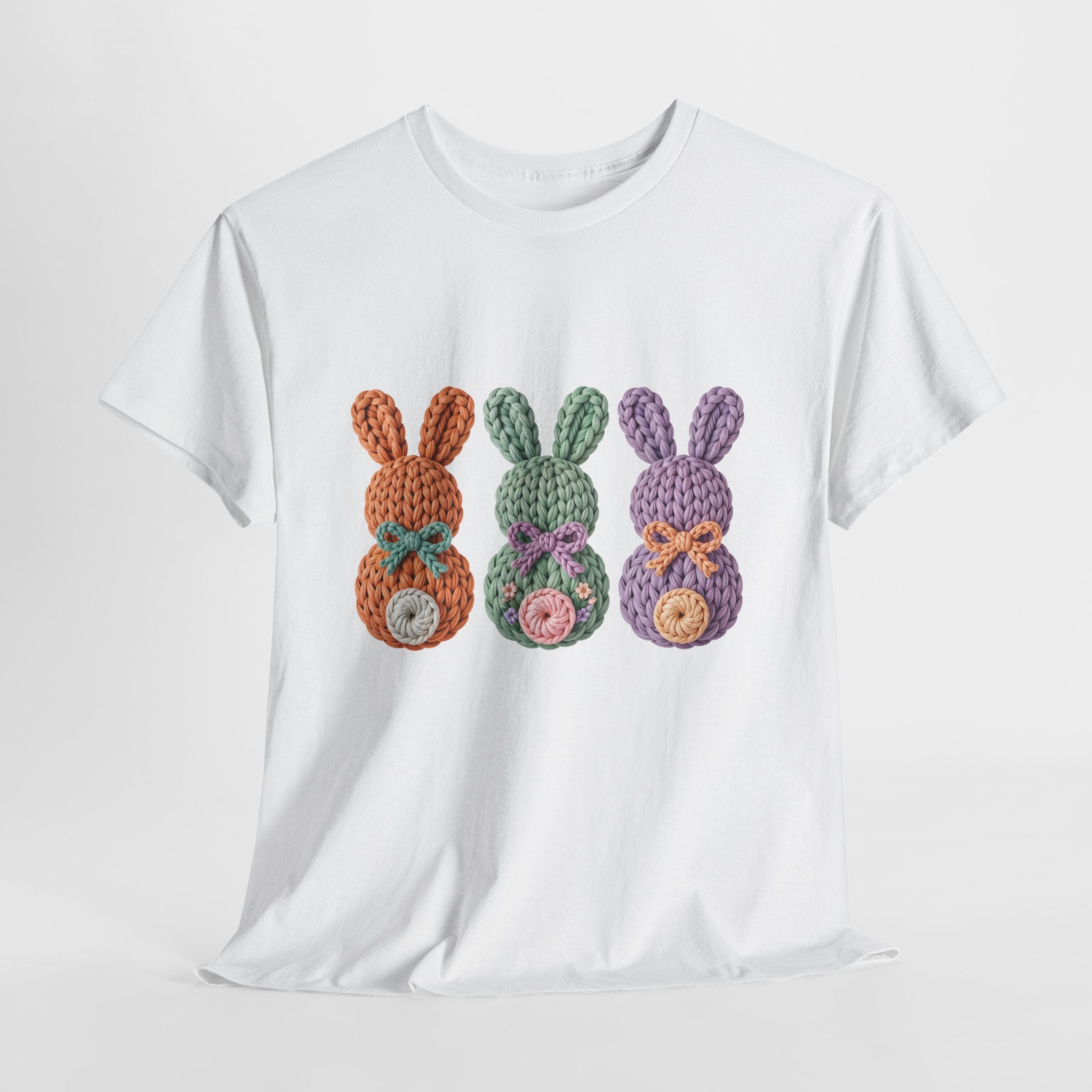 Pastel Crochet Bunny Tee — Trio of Faux Knit Bunnies with Bows & Flowers Unisex Cotton Tee