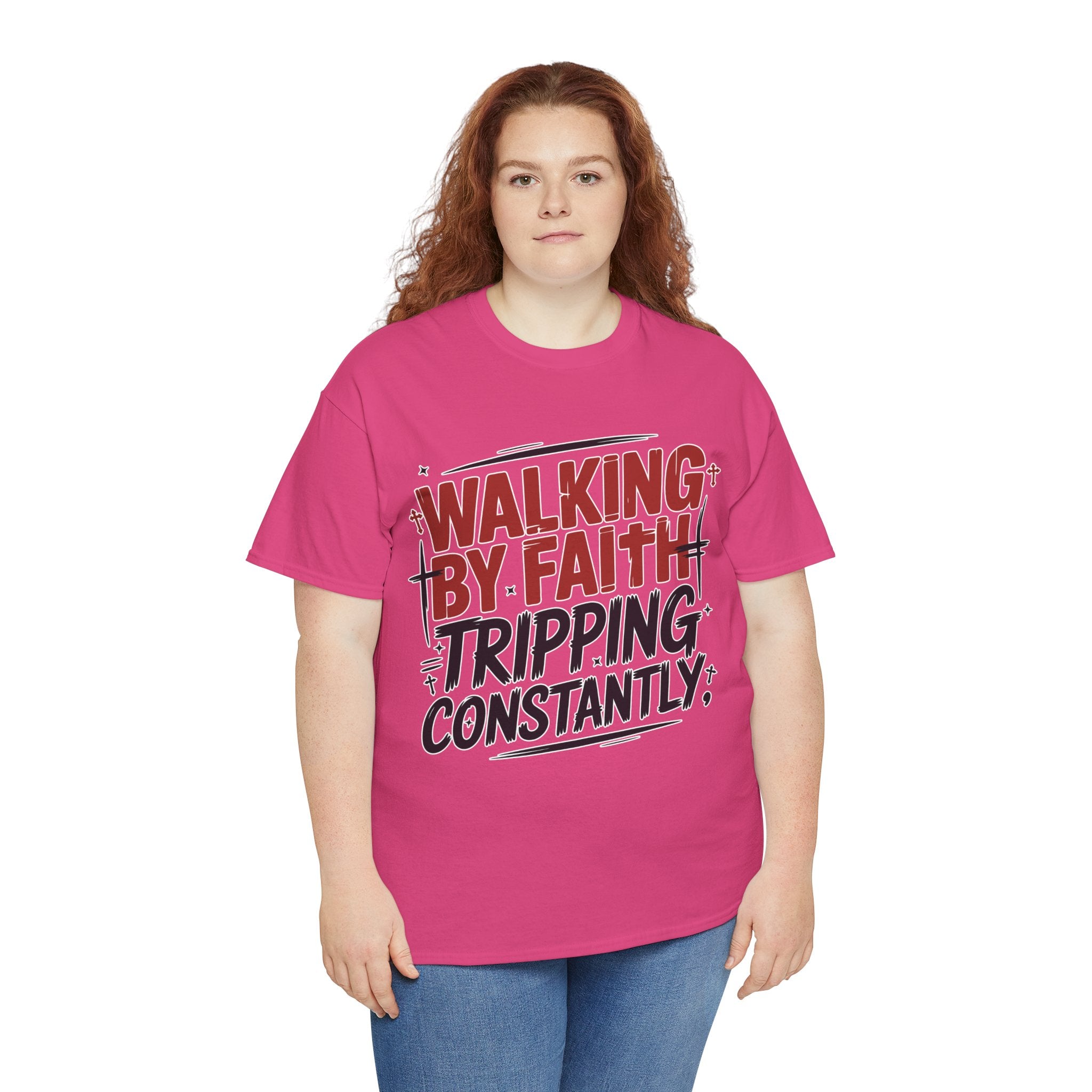 Walking by Faith, Tripping Constantly Unisex Cotton T-Shirt