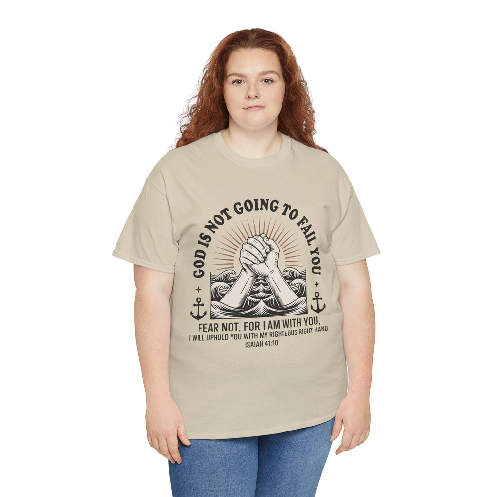 Isaiah 41:10 "Fear Not, For I Am With You" T-Shirt — Clasped Hands Rising from Waves Christian Unisex Cotton Tee