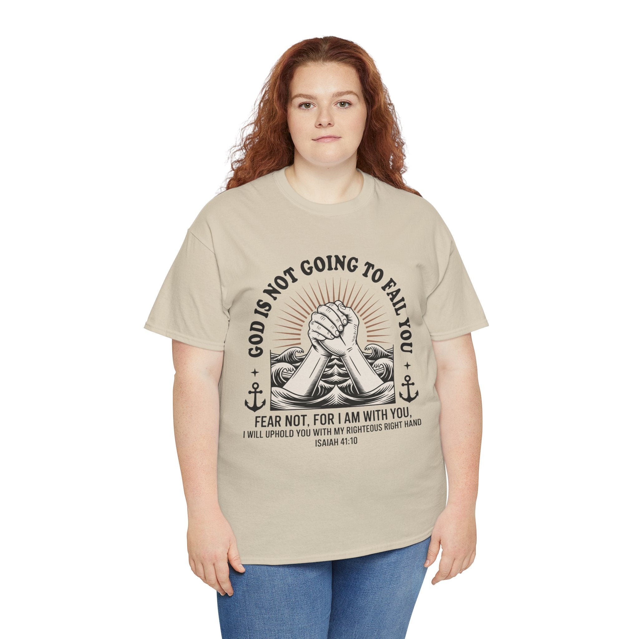 Isaiah 41:10 "Fear Not, For I Am With You" T-Shirt — Clasped Hands Rising from Waves Christian Unisex Cotton Tee