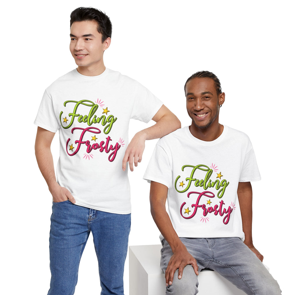 Feeling Frosty Holiday T-Shirt — Green & Pink Script Stars.Unisex Cotton Tee