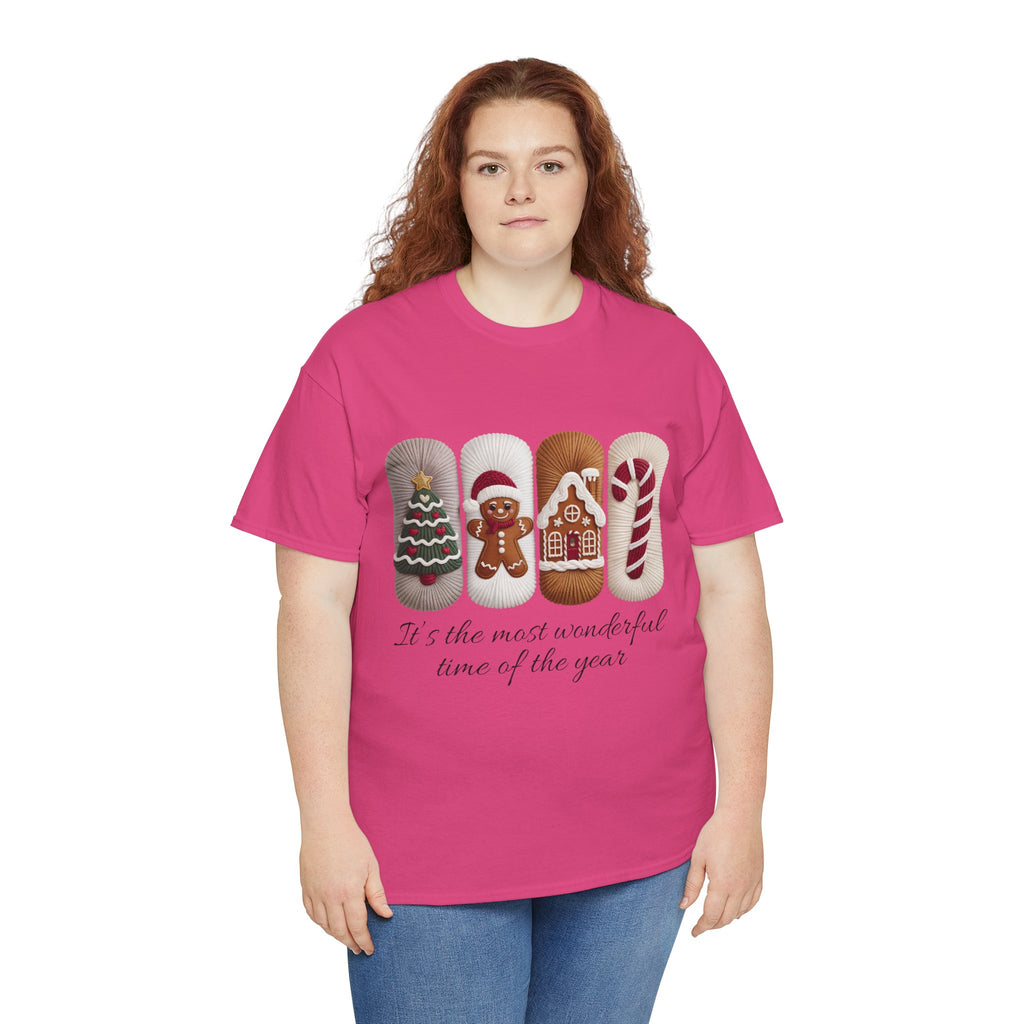 Christmas Faux-Yarn Tree Tee — Gingerbread House & Candy Cane Holiday Unisex Cotton T-Shirt